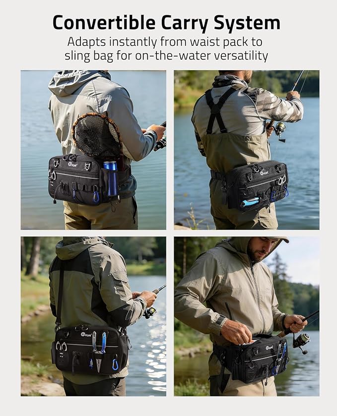 CVLIFE Fishing Tackle Bag Waist Pack with Rod Holder, Waterproof Fanny Pack | 900D Fabric, Convertible Carry, Detachable Shoulder Strap, Landing Net Holster, 3600 Tackle Box, Waterproof Pouch, Carabiners
