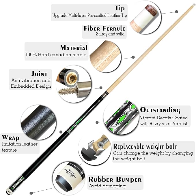 Tai ba cues 2-Piece Pool cue Stick + Hard Case, 13mm Tip, 58", Hardwood Canadian Maple Professional Billiard Pool Cue Stick 18,19,20,21,22 Oz Pool Stick (Selectable)-Blue, Black, Red, Gray, Green