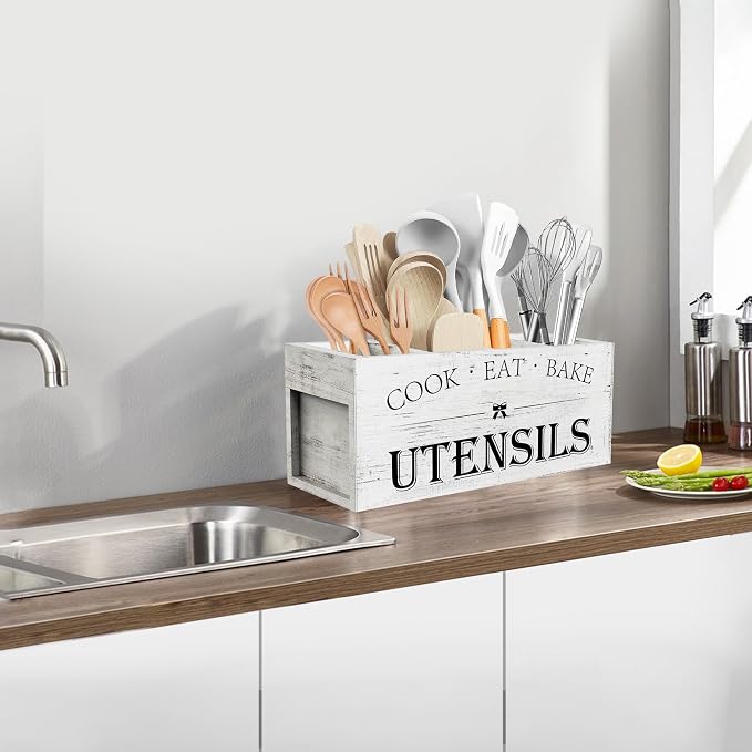 Suli Extra Large Kitchen Utensils Holder with 4 Compartments, Wooden Utensil Organizer for Kitchen Countertop, Farmhouse Decor, Rustic Cooking Utensil - White grain