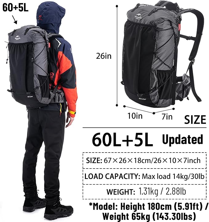 Naturehike Rock-40L/60+5L Internal Frame Hiking Backpack for Adults, Camping Travel Backpacking Waterproof Bag with Rain Cover, Ultralight Outdoor Daypack (60+5L(updated))
