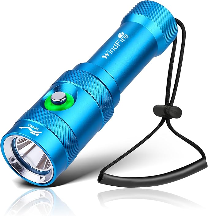 WINDFIRE Scuba Diving Light – Super Bright Diving Flashlight with 3 Modes & Power Indicator, IP68 Waterproof Rechargeable Underwater Torch for Scuba Diving, Snorkeling, and Underwater Exploration