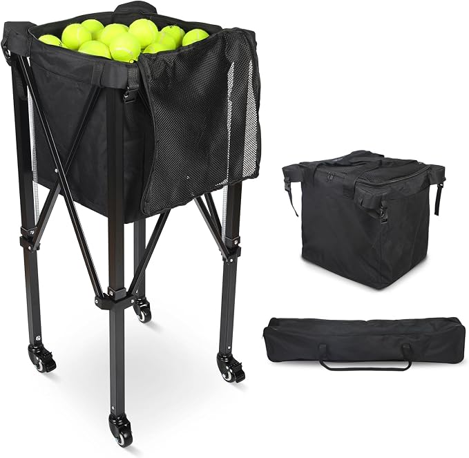 ORIENGEAR Wheeled Pop-up Tennis Ball Hopper, 150-Ball Capacity Basket with Side Pockets & Carrying Bag, Lightweight Sports Teaching Cart for Tennis, Pickleball, Baseball and Softball