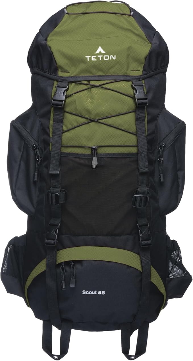 Teton 55L Scout Internal Frame Backpack for Hiking, Camping, Backpacking, Travel, Rain Cover Included, Olive