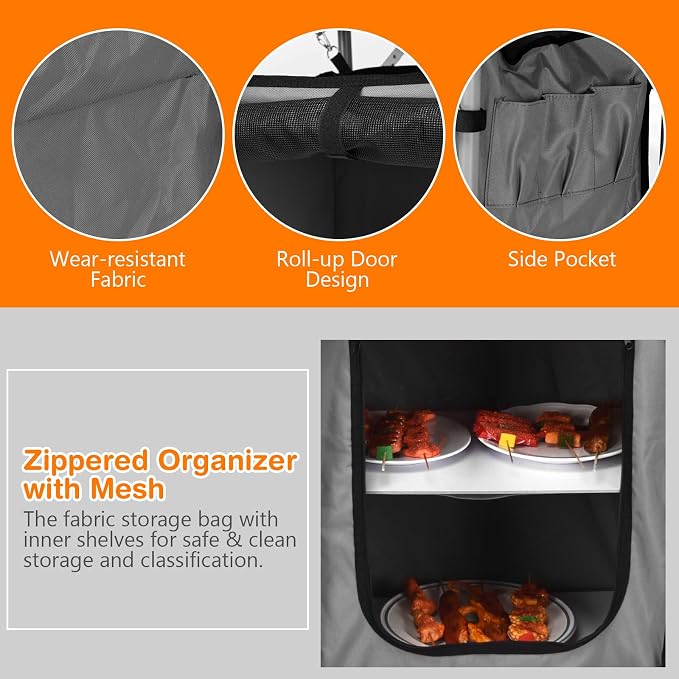 Tangkula Folding Camping Kitchen Table, Aluminum Portable Camping Grill Table with Windscreen, Cook Station, Outdoor Quick Set-up Camp Cook Table with Storage Organizer Shelves, Carry Bag