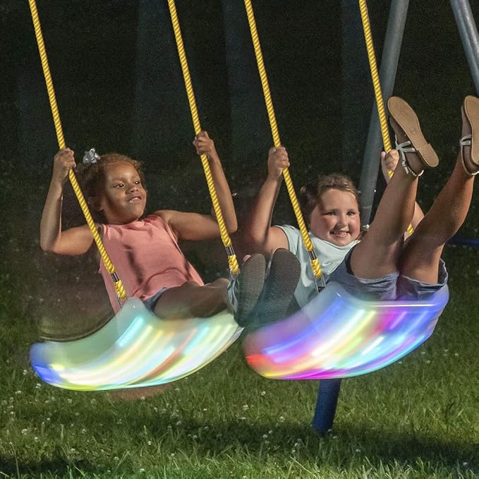 Firefly LED Light Up Swing Seat with Adjustable Rope and Chain. 24 Lights Illuminate in Day or Night. Outdoor/Indoor Use. 150lb User Capacity. 15" W x 6" Deep x 5" H, by XDP Recreation a USA Company
