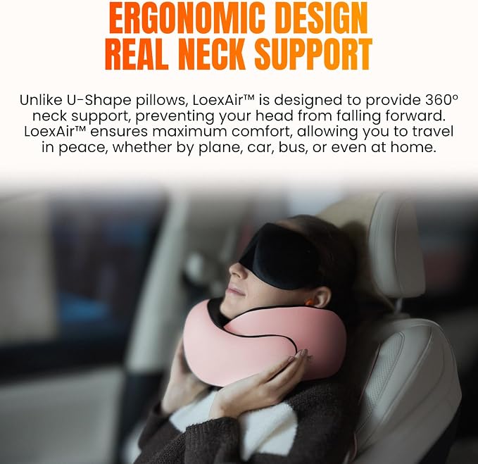 LOEXAIR™ Hooded Pro Travel Pillow - Memory Foam Neck Support Pillow for Airplane, Flight - Super-Soft Pure Cotton Fabric, Maximum Privacy & Light-Block Design, Lightweight Full Travel Kit- Sakura Pink