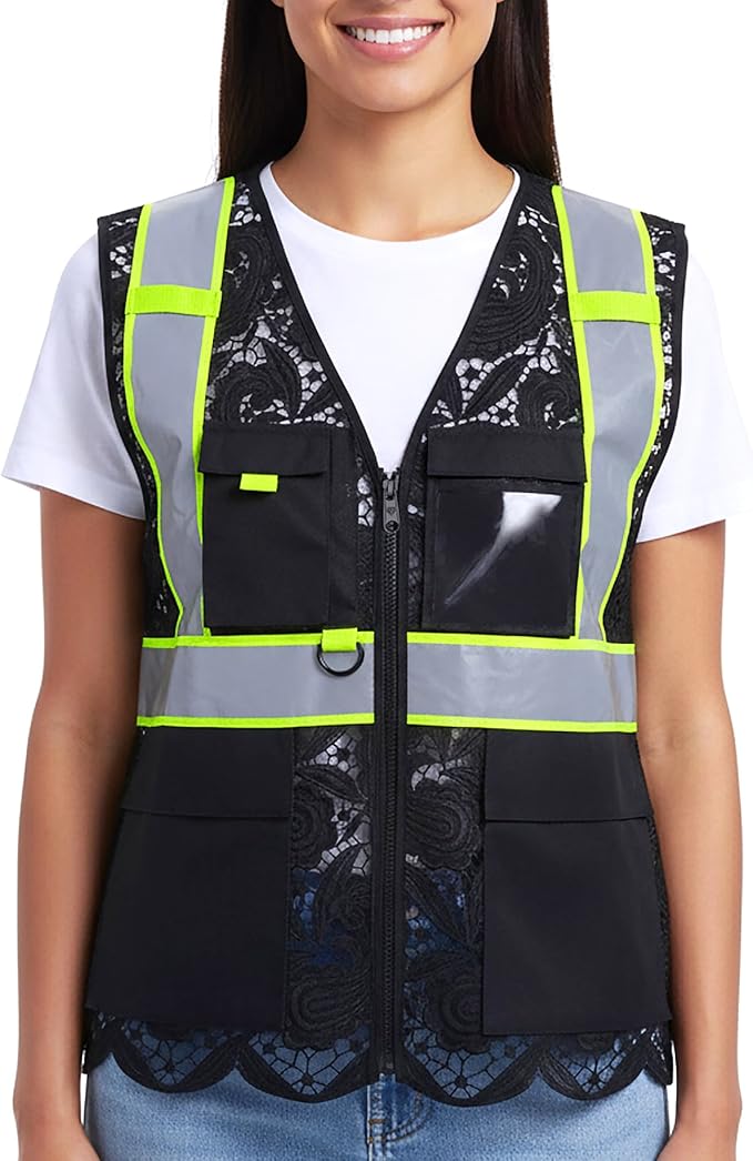 Lace-Mesh Safety Vest for Women & Men - Breathable, High Visibility Vest with Zipper & ANSI Class 2 Reflective Strips