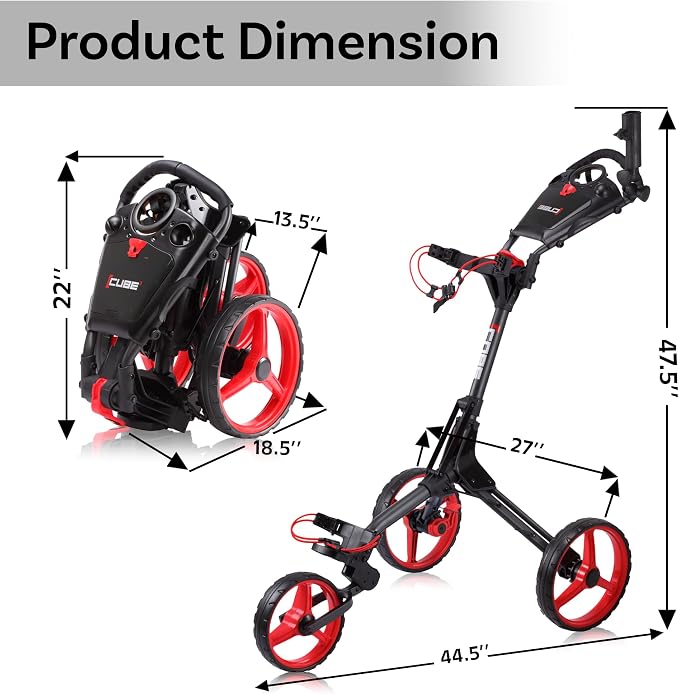 CUBE CART 3-Wheel Golf Push Cart – Ultra-Compact 14.5 lb Folding Golf Trolley, Two-Step Fold, Adjustable Handle, Foot Brake, Umbrella Holder & Built-in Storage