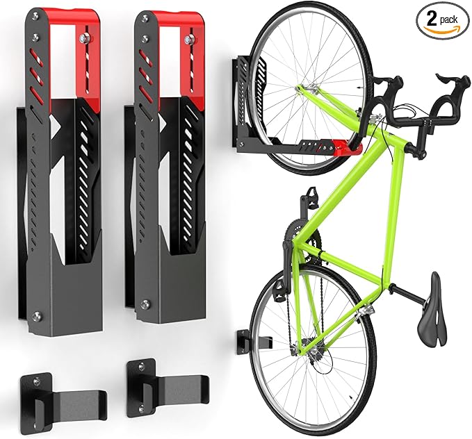 ALIXUEQIN Swivel Bike Wall Mount 2 Pack Bike Rack for Garage, No Heavy Lifting Required Wall Bike Hangers Can Holds up to 77 lbs (Black & Red)