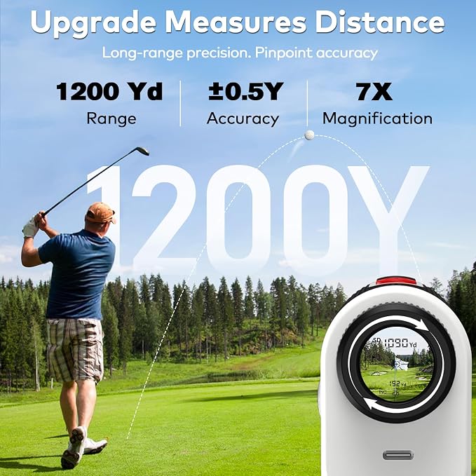 Golf Range Finder with Slope, 1200 Yards Rechargeable Range Finder Golf, 7X Magnification, Flag Lock Vibration, Magnetic Mount,±0.5 Yard Accuracy, Waterproof, Ideal for Golfing & Hunting