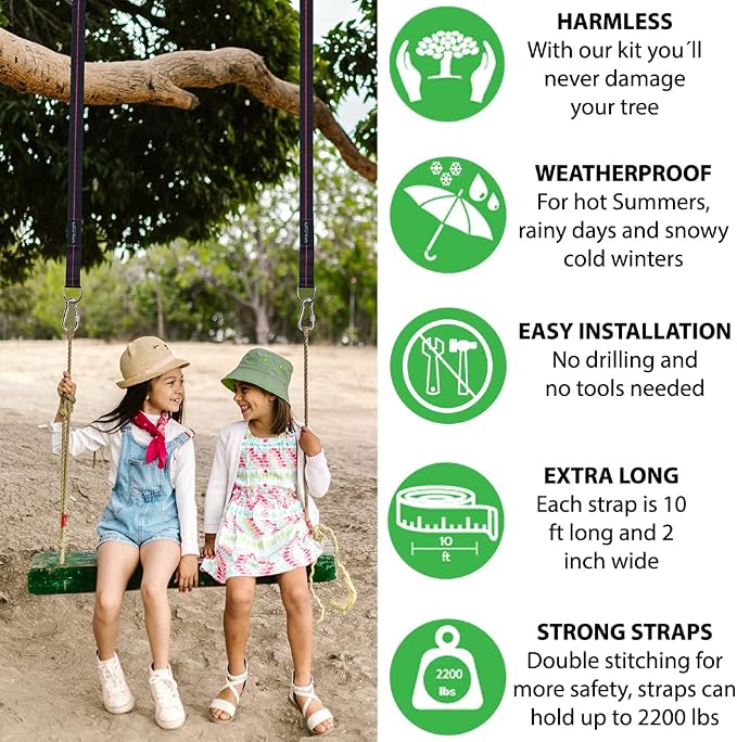 Tree Swing Straps Hanging Kit - Two 10ft Extra Long Heavy Duty 2200lbs and Two Safe Lock Snap Carabiner - Perfect for Any Types of Swing - Fast and Easy Installation