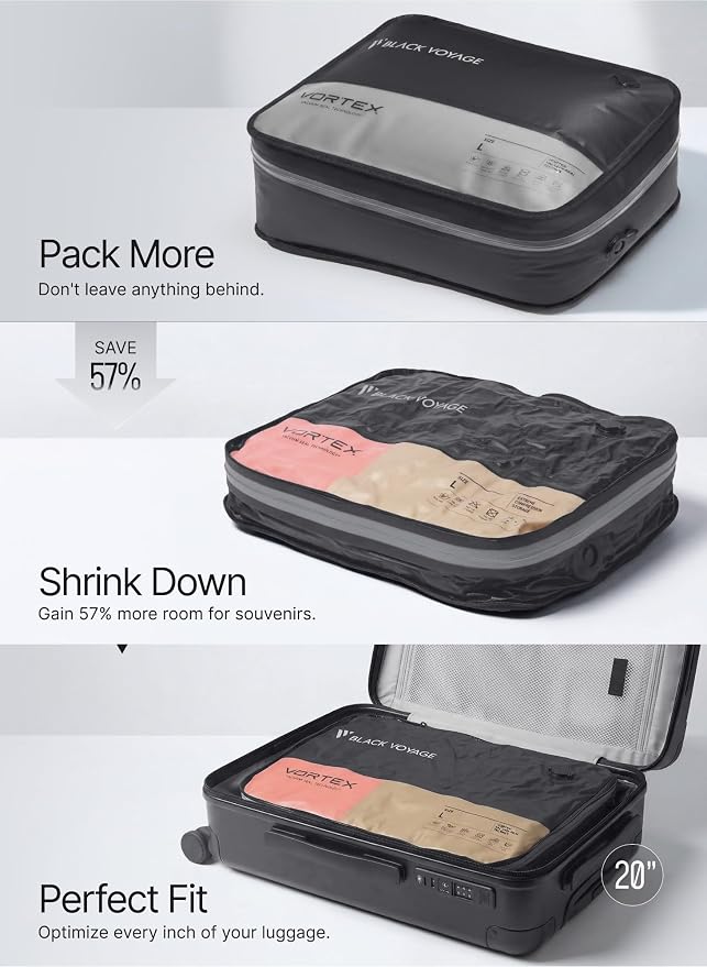 Black Voyage Reusable Vacuum Compression Travel Bag for Carry-On Suitcase and Backpack, Recycled IPX8 Waterproof Space Saver Vacpack (2-Pack, 41L - No Pump)