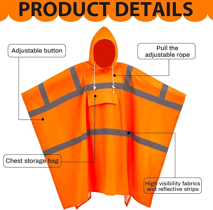 Coume High Visibility Rain Poncho 50x80 in, Waterproof Windproof Reflective PVC Safety Rain Gear with Drawstring Hood & Large Pocket for Construction, Traffic, Camping, Fishing, Outdoor Worker, Orange