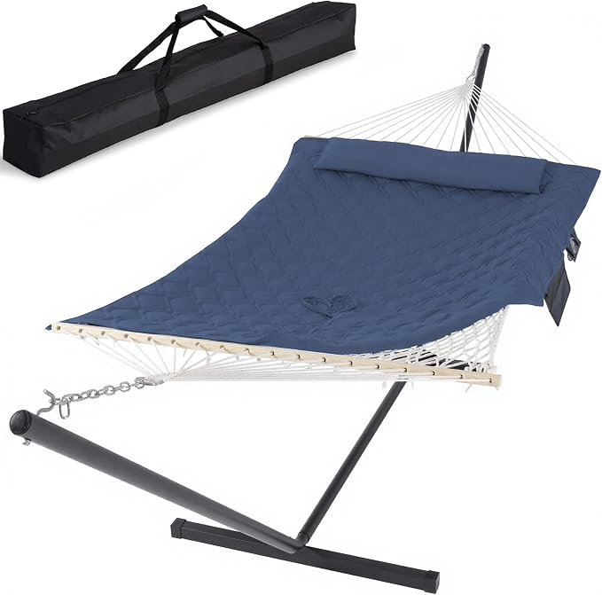 SUNCREAT Two Person Hammock with Stand, Carrying Bag, Heavy Duty Backyard Hammock and Stand, Navy Drops