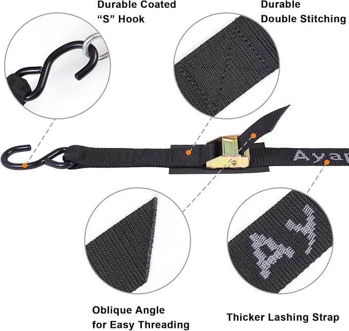 Ayaport Cam Buckle Tie Down Straps 8 feet 3000lbs Break Strength Securing Straps with S Hooks for Motorcycle, Kayak, Car, Truck, Dirt Bike
