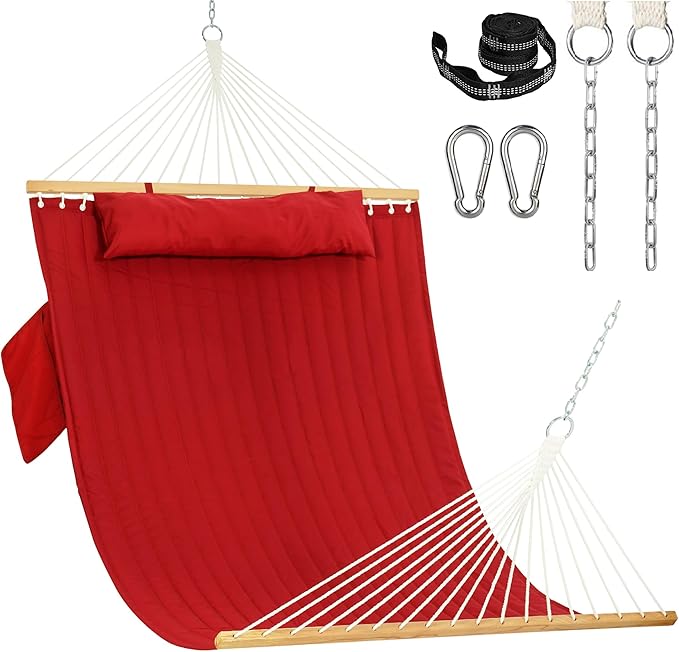 Lazy Daze Hammocks 10.5FT 2 Person Double Quilted Fabric Hammock with Spreader Bar, Detachable Pillow, Side Pocket, Carabiners, Chains, Straps for Outdoor, 450lbs Capacity, Burgundy