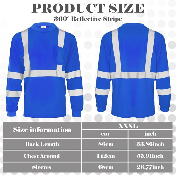 Amylove 4 Pcs Long Sleeve Safety Shirt High Visibility Reflective Construction Work Shirts for Men Women(XXXL,Blue)