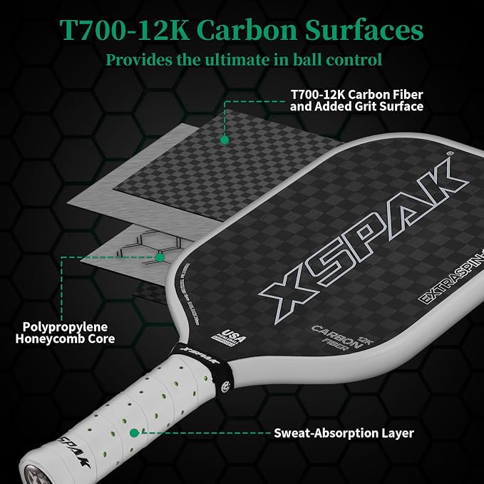 12K Carbon Fiber Pickleball Paddles, USAPA Polypropylene Honeycomb Paddle with Cushion Comfort Grip, SPIN2.0 World Champion Surface Technology Options Pickleball Racket