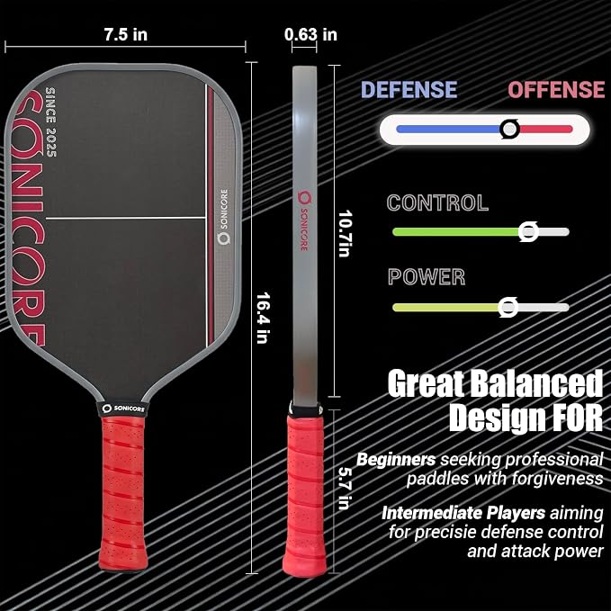 Pickleball Paddle Set, T700 Carbon Fiber, 16mm Core for Control & Spin, Includes 1 Paddle, Paddle Sleeve Cover, 2 Wristbands & 1 Grip Tape | Sonicore CourtVibe