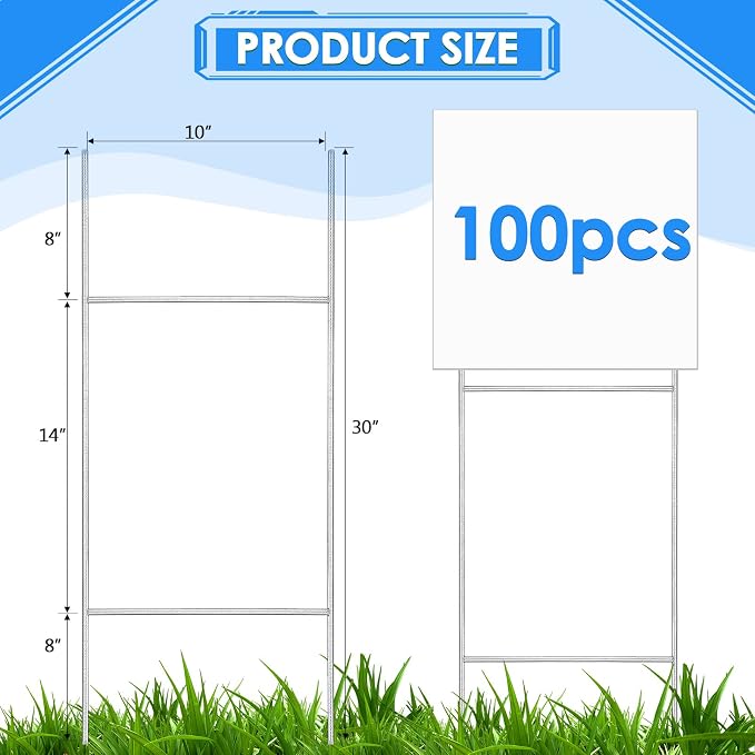 Therwen 100 Pcs H Stakes for Yard Signs 30'' x 10'' Metal Heavy Duty H Frame Wire Stakes Weatherproof Metal Holder for 250 Anniversary USA 4mm 5mm Corrugated Signs Board Guidepost Yard Decor