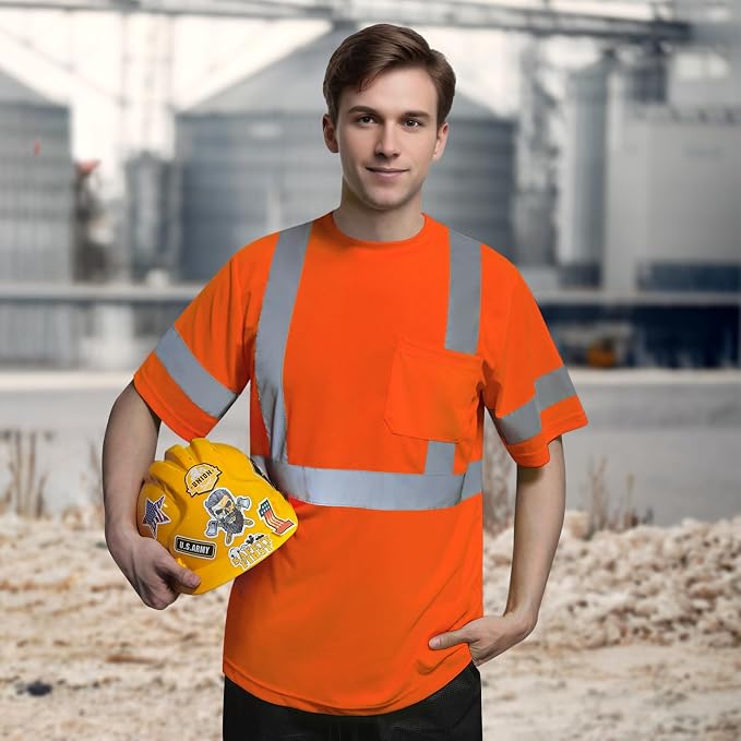 TCCFCCT High Visibility Shirt Class 3 Hi Vis Shirts for Men, Short Sleeve Work Shirts for Men, Safety Shirts for Men Construction, Durable & Breathable, DC-Orange L