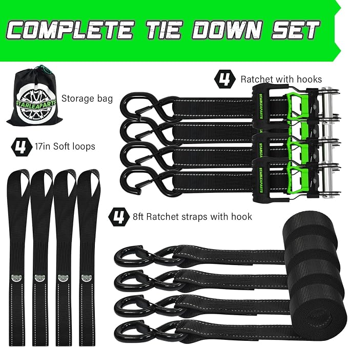 Motorcycle Tie Down Strap (4PK 1.5INX8FT) - 5,250lb Break Strength, Ratchet Straps Heavy Duty, Soft Loop Ratchet Straps for Moving Appliances, Lawn Equipment, Cargo Straps for Trucks