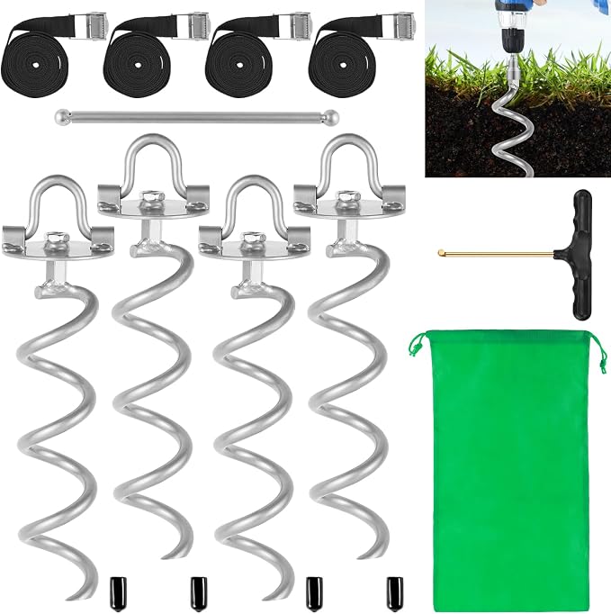 MIXXIDEA Gound Anchors Screw in, Metal Spiral Earth Anchors Kit, Heavy Duty Folding Ring Spiral Stake with Straps, Ground Stakes for Tent (Silver, 11.4 Inch with 92in Strap)