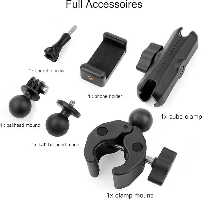 GEPULY Super Clamp Camera Clamp Mount for GoPro Insta360 DJI Motorcycle Accessories Dual 360° Ballhead Magic Arm Double Ball Head Adapter Heavy-Duty for Action Cams/Phones/DSLR/LED Light/Monitor