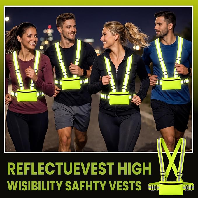 Hercicy 10 Pack Reflective Safety Vest with Zipper Pocket, Adjustable High Visibility Reflective Vest for Adults, Elastic Reflector Straps for Running, Walking, Cycling, Construction, Night Safety