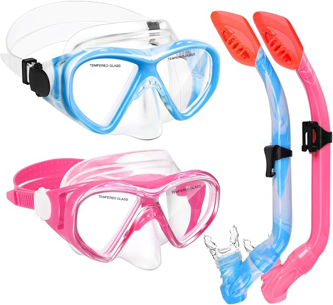 2 Sets Snorkeling Gear for Kids, Kids Snorkel Set for Ages 6-14, Dry Top Snorkel Mask Set for Youth Boys Girls Junior, Tempered Glass Diving Swimming Mask Goggles