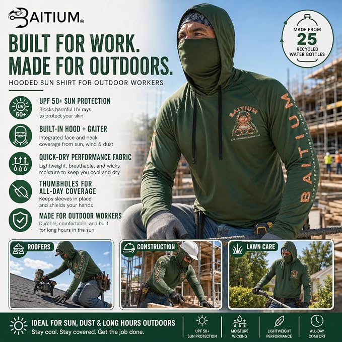 Fishing Shirts for Men,UPF50 Hooded Long Sleeve with Gaiter, Sun Protection Dry Fit Apparel, Face Mask, Fishing Clothes
