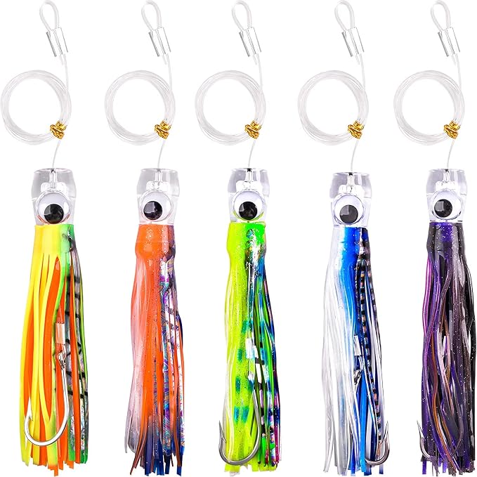 Trolling Lures Saltwater for Tuna Mahi Marlin Wahoo Dolphin Shark Offshore Trolling Baits with Squid Skirt Big Game Fishing Lures Deep Sea Squid Skirts Rig 6/9 inch