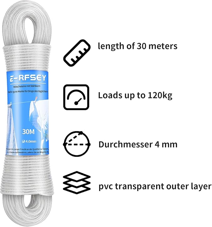 98-Foot Outdoor Clothesline Steel-Core Clothesline Heavy-Duty Extra-Strong Load-Bearing Design Supports Up to 260pound Rust-Proof and Waterproof （“5/32 inch Diameter”4MM）