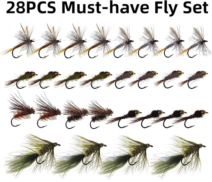 Wifreo Fly Fishing Flies Assortment with Waterproof Fly Box, 28/40/64/92/120pcs Dry/Wet/Nymph/Streamer Flies, Trout/Bass/Panfish/Salmon Fishing Flies
