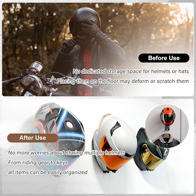 Motorcycle Helmet Holder Wall Mount - Heavy Duty Helmet Hanger Rack with 2 Key Hooks, Solid Wood & Strong Steel Design for Bike, Football, Skiing Sports Gear, Jackets & Hats (6)