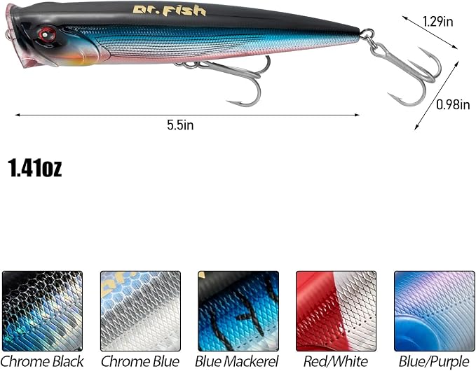 Dr.Fish Popper Saltwater Fishing Lures, 4/5.5 Inches GT Popper VMC Treble Hooks Surf Fishing Lures for Bass Striper Pike Salmon Offshore