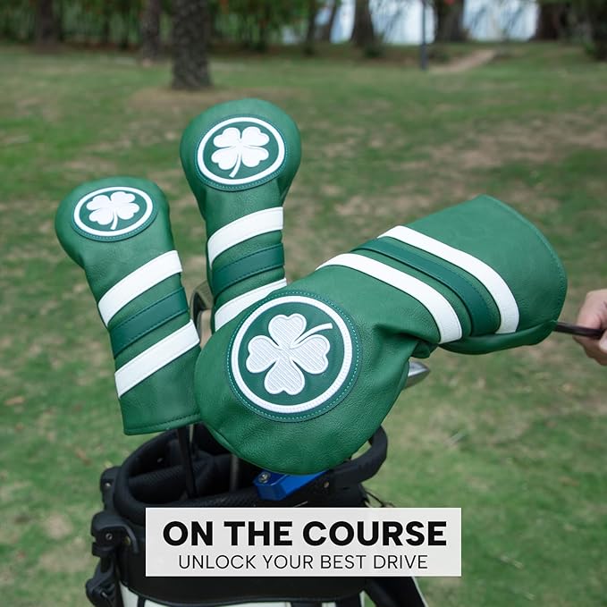 Headcovers, Leather Golf Club Covers, 1pc or 3pcs Set Lucky Clover Driver Headcover, 3 Wood Head Cover, Hybrid Rescue UT Headcover, Classic Golf Accessories