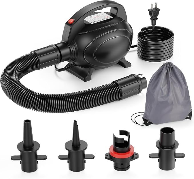500W Electric Pump for Inflatables Portable Air Pump with Storage Bag,Quick-Fill Air Mattress Inflator Deflator Pump for Pool Floats Dock Raft and Gymnastics Mat with 4 Nozzles