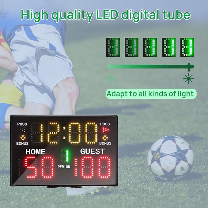 Portable Digital Scoreboard with Remote, LED Electronic Score Keeper, Battery Powered Basketball Score Board, Outdoor Scoreboard for Indoor Outdoor Courts & Sports Events