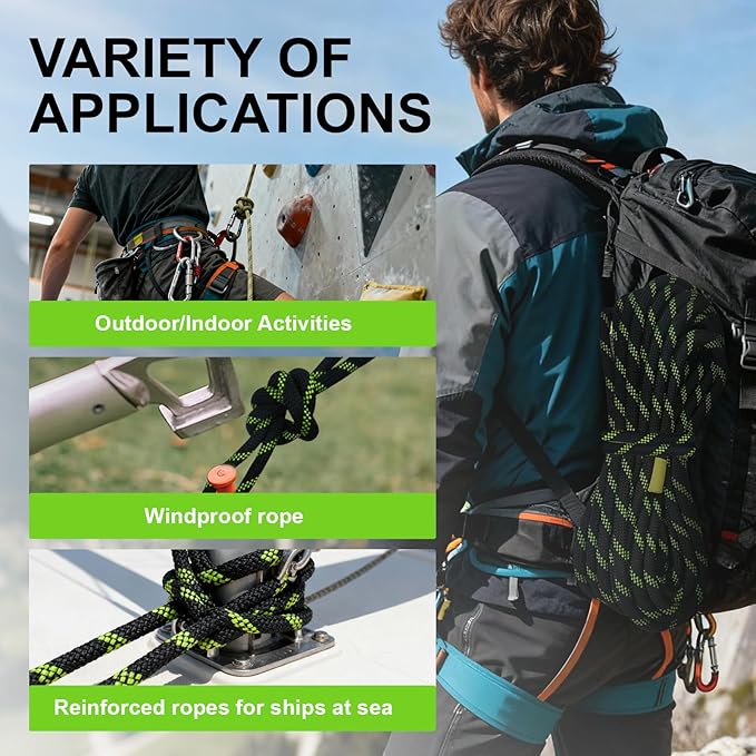 131ft/40m High Strength Static Climbing Rope UIAA Certified 10mm 3/8 Inch Rope Black & Fluorescent Green for Rappelling Fire Rescue & Outdoor Climbing