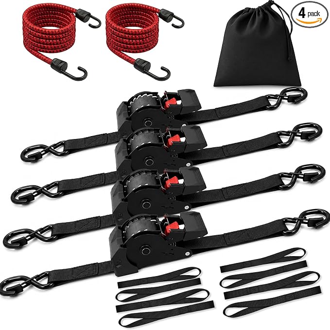 Retractable Ratchet Straps (4 Pack) - 1" x10 ft Heavy Duty with Auto Retract, Safety Lock Hooks & 1650 lb - Soft Loops + Bungee Cords for Truck, Trailer, Motorcycle, ATV, UTV, Moving
