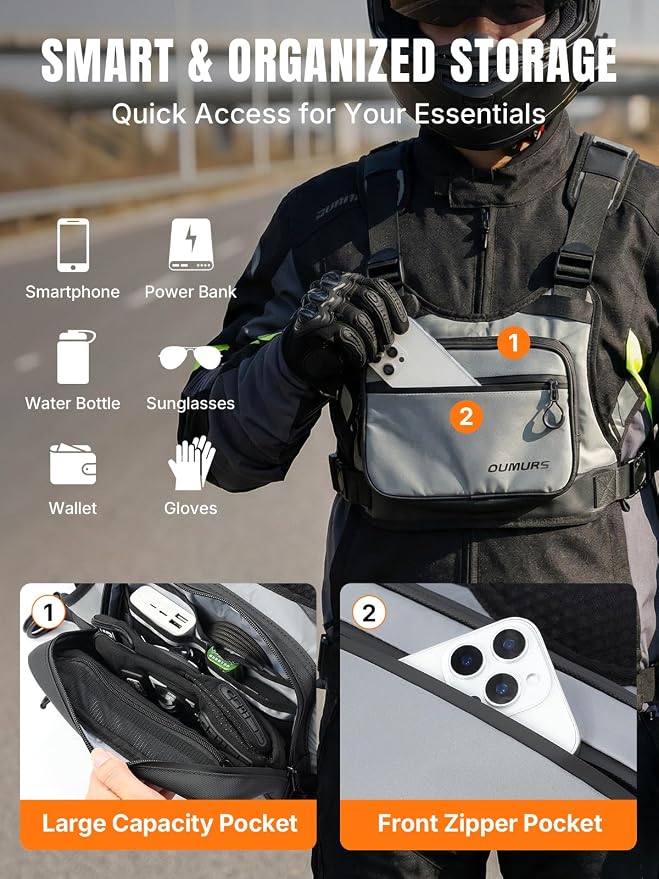 OUMURS Reflective Motorcycle Chest Bag with Quick-Release Buckle for Men & Women, Water-Resistant 1800D Chest Pack, 2L Hydration Compatible, High Visibility for Riding, Cycling, Hiking