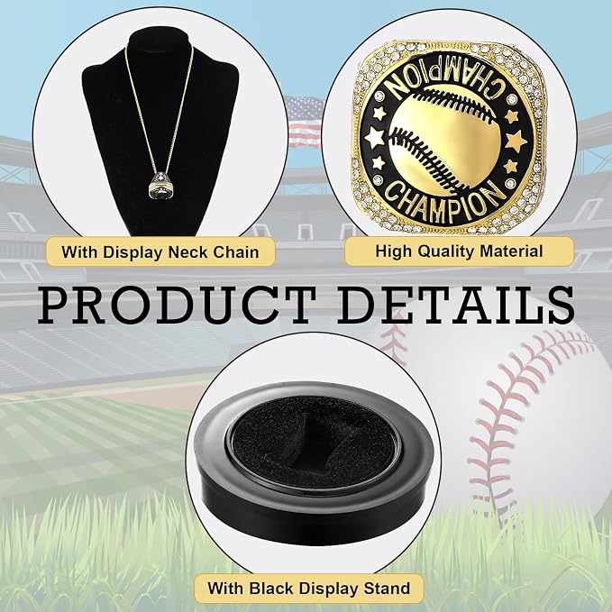 Highergo 1 PC Champion Mvp Rings Baseball Soccer Basketball Volleyball Football Softball Trophy Ring with Display Stand and Neck Chain Size 11 for Winner Tournament Award Gift(Baseball)