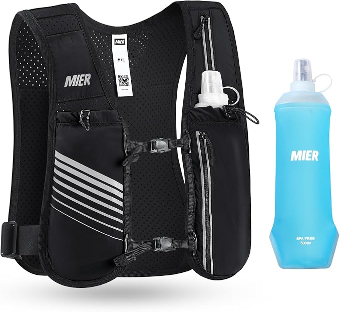 MIER Running Vest for Women Men, Lightweight Breathable Hydration Vest with 500ml Soft Flask Reflective Hydration Backpack for Marathon Cycling Hiking Jogging
