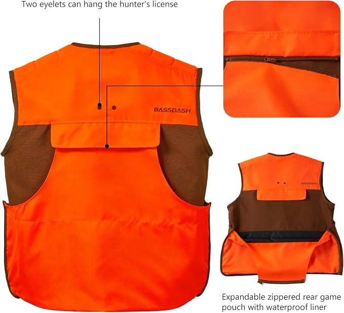BASSDASH Upland Game Field Water-Resistant Bird Hunting Vest with Multi Pockets Men Women FV11