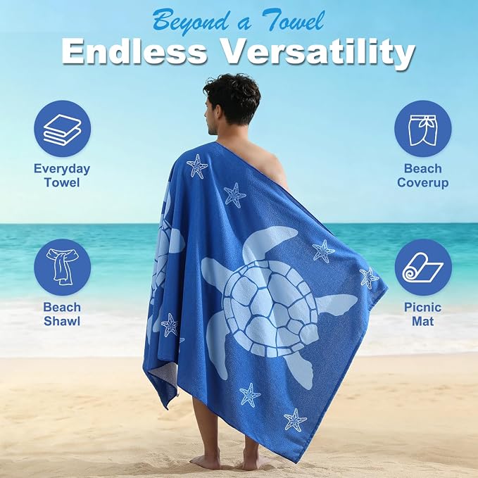 Jessy Home Microfiber 4 Pack Beach Towel Set, 40x70in Oversized Beach Towel, Quick-Dry Sand-Free Highly Absorbent Swim Towel, Soft Pool Towel, Marine Mixed Prints of Starfish & Sea Turtle for Vacation