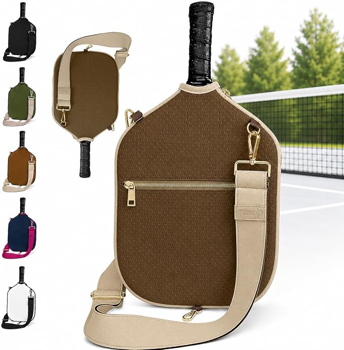 Posh Pickler Crossbody Neoprene Pickleball Bag - Paddle Cover with Adjustable Strap, Built-in Pocket for Essentials, Carabiner Fence Clip, Add-On Ready D-Rings, and Durable Design for Everyday Use