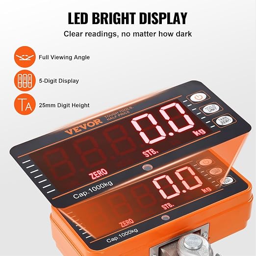 VEVOR Crane Scale, Hanging Scale Industrial Heavy Duty, Digital Crane Scale with Remote Control, Cast Aluminum Case & LED Screen, 2200 lbs/1000 kg,High Precision for Construction, Factory, Farm