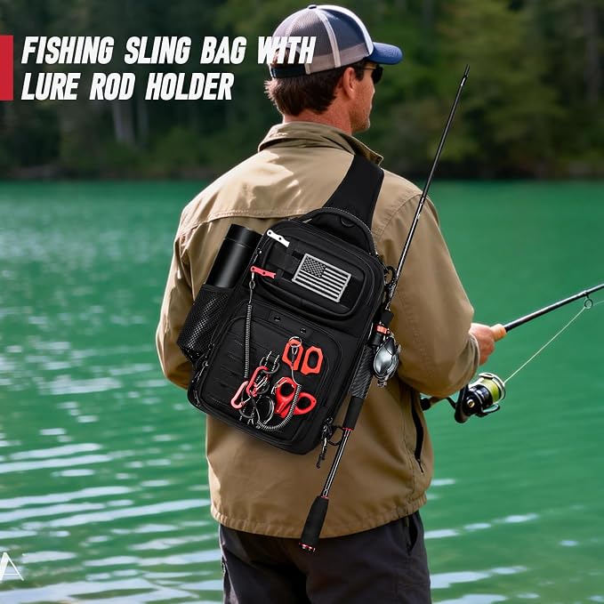 Fishing Sling Bag with Tackle Box, MOLLE System Fishing Backpack with Fishing Lures Kit, Fish Hook Remover Tool, Fish Lip Gripper, Fishing Plier & Accessories, Fishing Gear Gift for Men Black