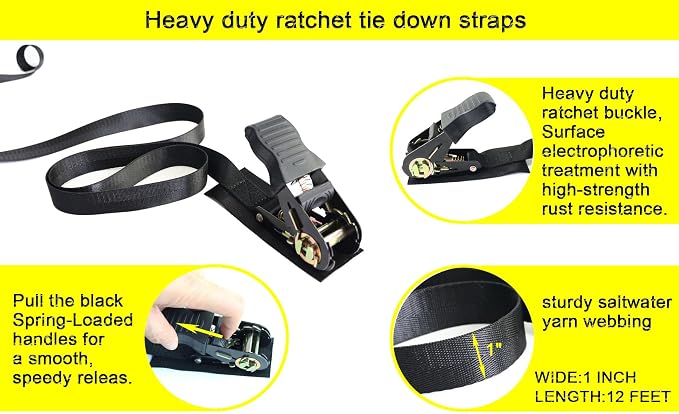 2 Pairs Kayak Rack J-Bar Car Roof Rack for Canoe Carrier SUP Paddle Surfboard Mount on Car SUV and Truck Crossbar, Includes 4 Pcs Roof Rack Tie Down Straps. | For Car SUV and Truck Crossbar, Includes 4 Pcs Heavy Duty Ratchet Tie Down Straps